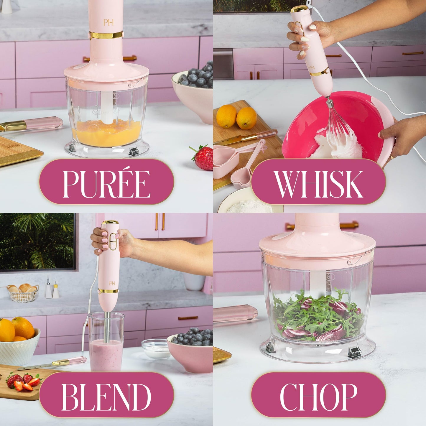 Paris Hilton Hand Blender Set, 3-in-1 Immersion Blender with Whisk, Blending & Chopper Attachments, 400W High Speed, Pink with Gold Accents – Smoothies, Soups, Sauces, Baby Food, Whipped Cream, Pink