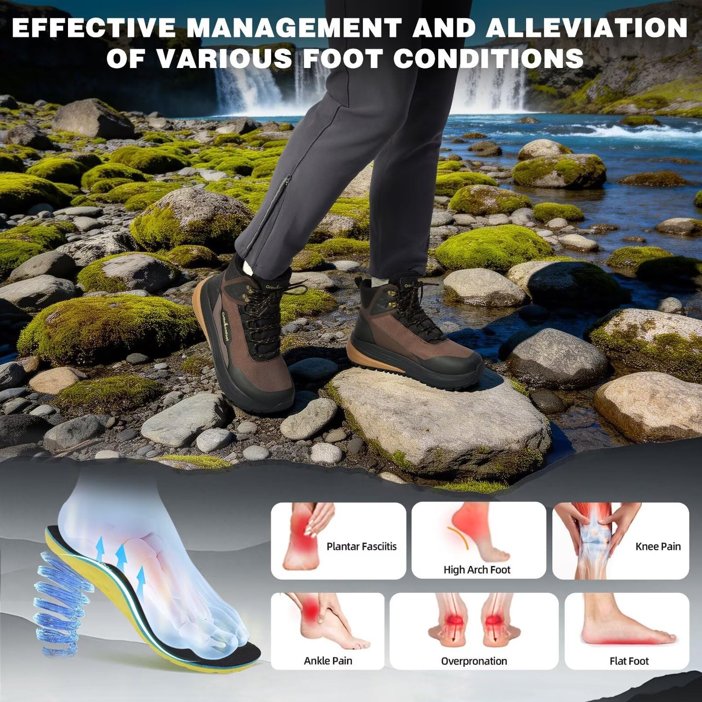 Men's Orthopedic Wide Mid Hiking Boots: Comfortable Plantar Fasciitis Orthotic Arch Support Bunions Recovery Trail Sneakers, Leisure Slip Resistant Stylish Standing Walking Shoes Brown Size 11