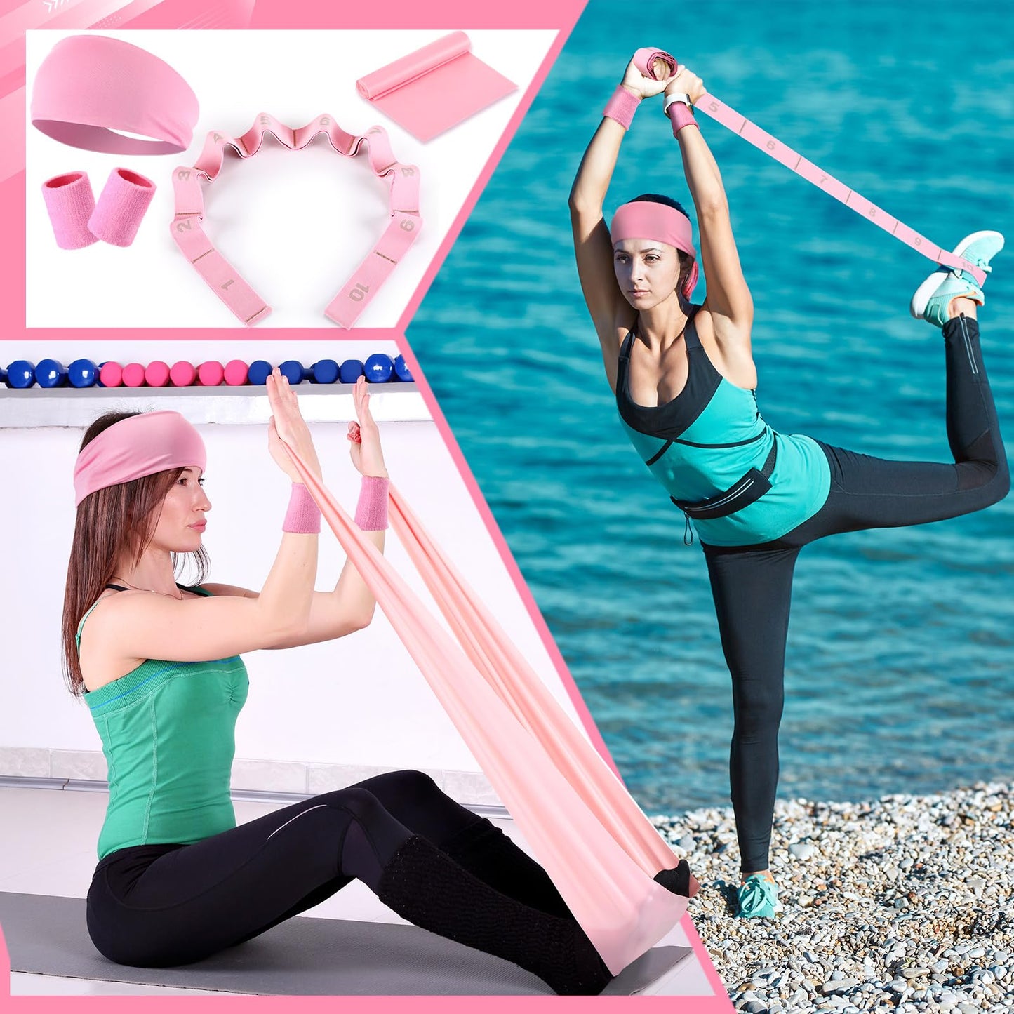 Poen 18 Pcs Home Pilates Ball and Ring Circle Set Yoga Fitness Essentials Kit with 5 Resistance Band Stretching Strap Non Slip Sock Ball Core Slider Wristband Headband Gym Bag for Women(Pink)