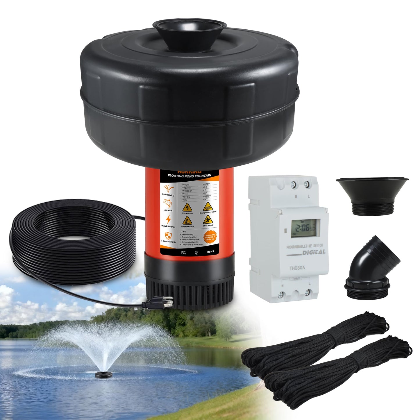 HUNKING H1 Pond Fountain Aerator 750W 1HP - 16000 GPH Floating Aerating Pump with Timer, 110V-120V/100FT Power Cord/2 Nozzles Outdoor Water Circulation Jet System for Large Ponds, Lakes, Water Gardens