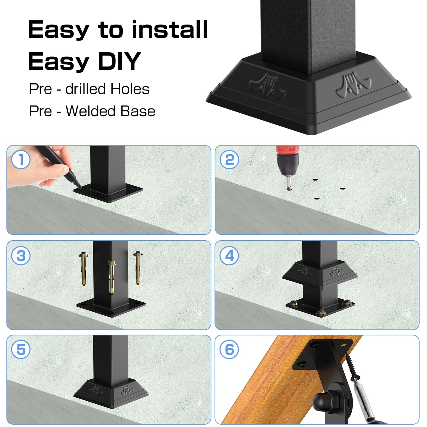 Front Mount Stair Railing Post, 33.46 Inch Black Metal Baluster Spindles with 270° Adjustable Bracket for Indoor Stairs, Deck, Porch & Balcony Railing