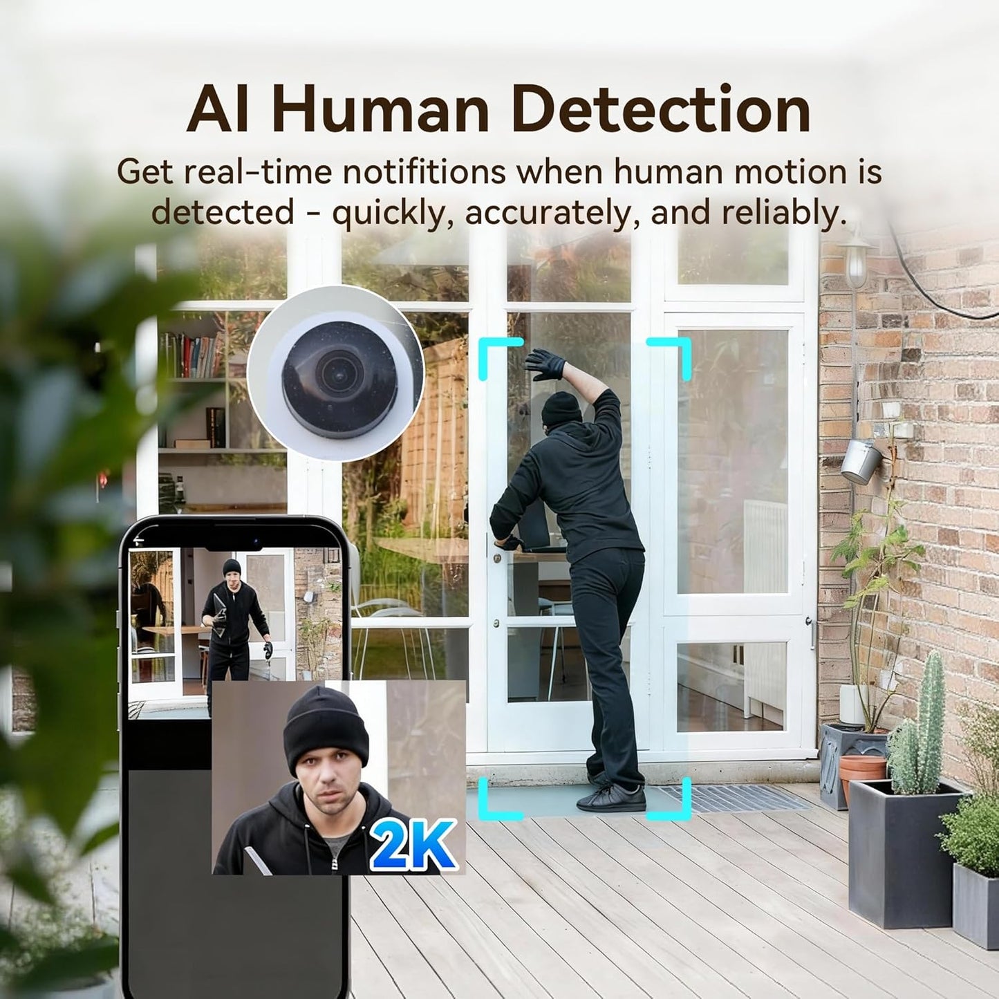 YI 2K 2-Way Indoor Security Camera with Adhesive Mount, Audio, AI Human/Vehicle/Pet Detection, Alerts, Night Vision