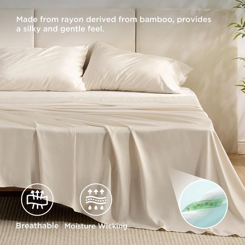 Bedsure Queen Sheet Set - Cooling Bamboo Rayon Sheets | Breathable & Soft, Deep Pocket Up to 16", Light Beige
