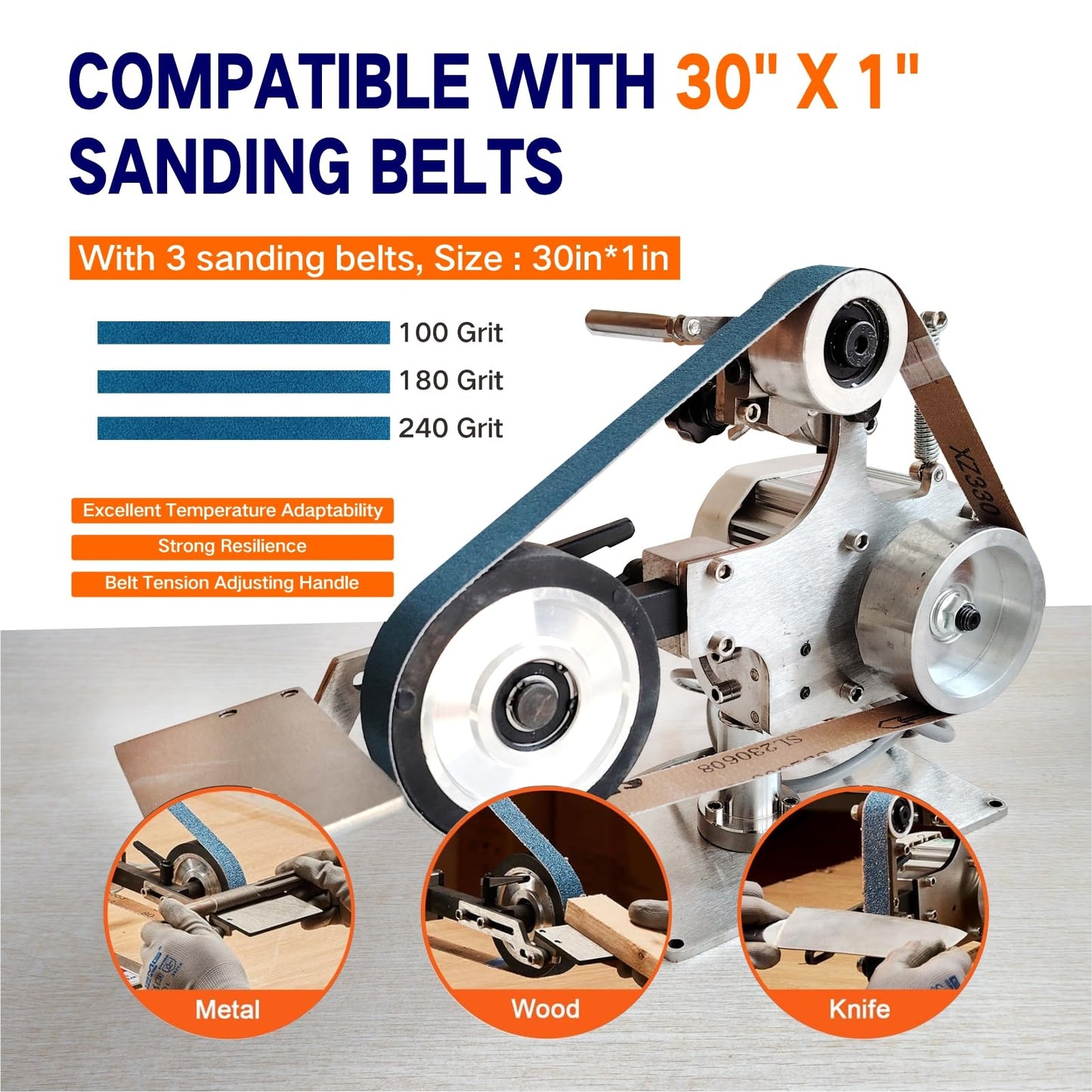 Belt Grinder Sander, 30 x 1-Inch Variable Speed Belt Polisher with VFD, 110V 550W Electric Grinding Machine with 2 Grinding Moulds & 3 PCS Sanding Belts for Metalworking, Knife Making