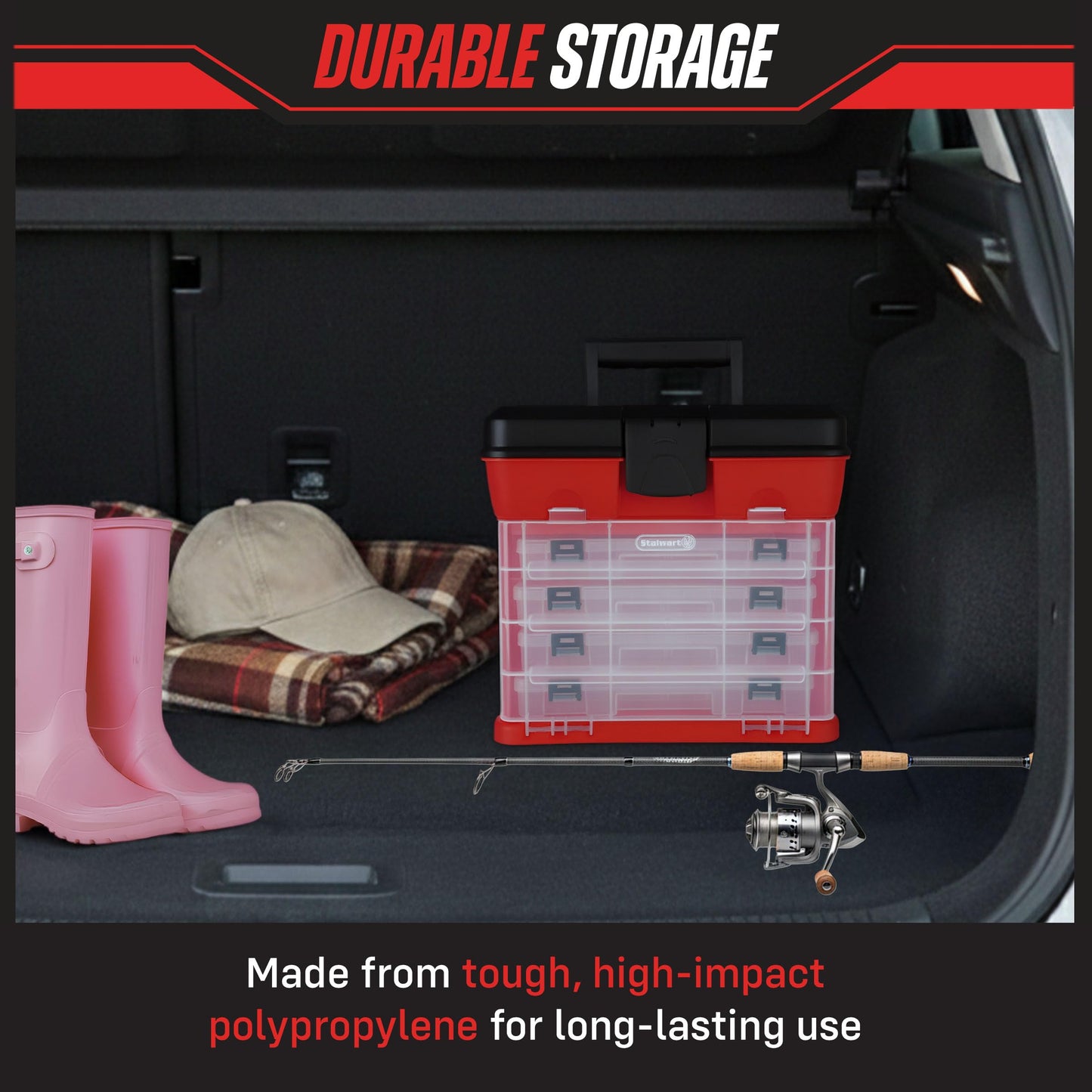Small Parts Organizer Box - 11-Inch Portable Storage Case with 4 Removable Multi-Compartment Trays for Screws, Beads, Small Fishing Tackle, Hardware, and Craft Supplies by Stalwart (Red)