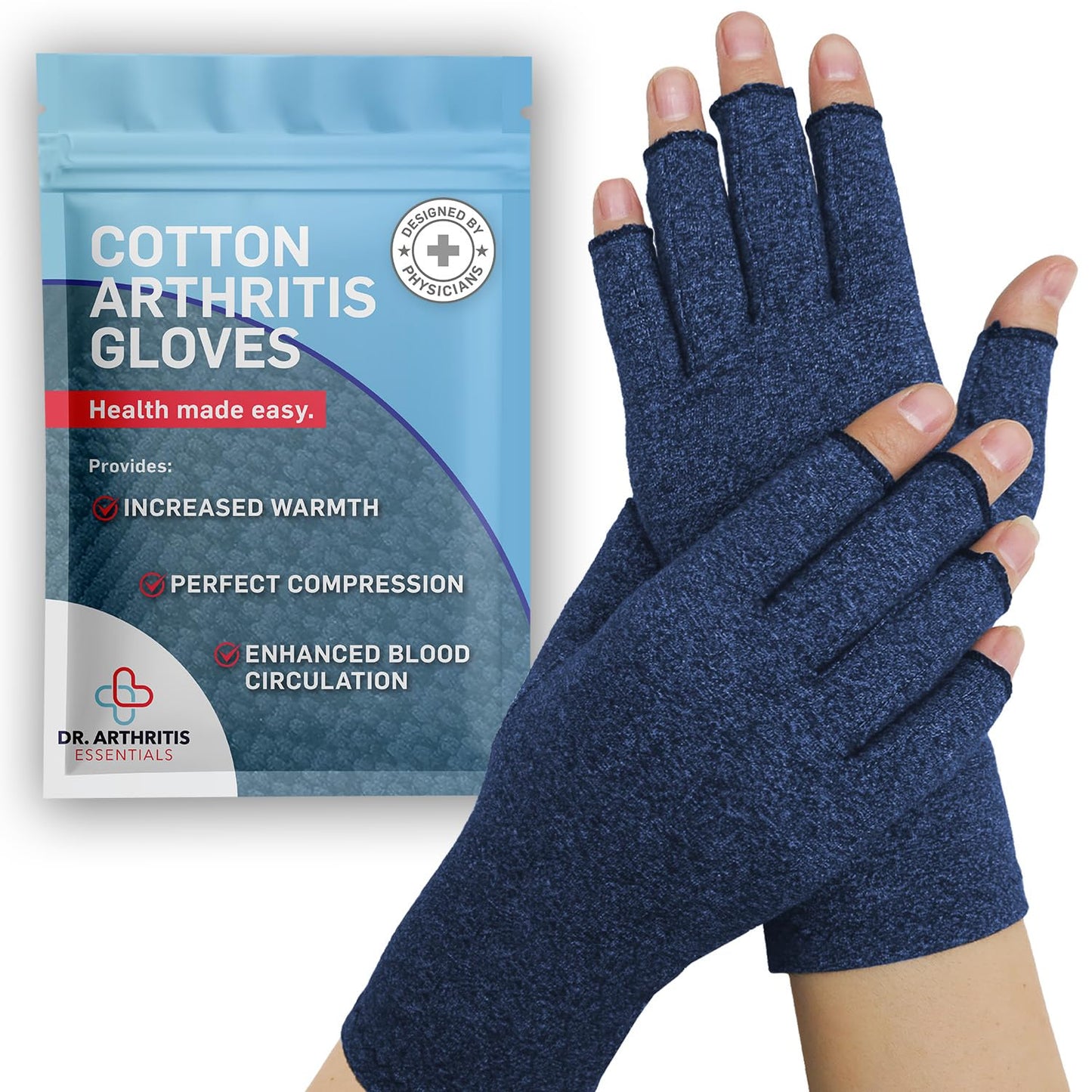 Doctor-Developed Wrist Brace & Essentials Cotton Gloves (Large, Navy) Bundle - Comfortable Hand Brace Support for Carpal Tunnel Relief, Tendonitis, and Everyday Use, Fits Left or Right Hand