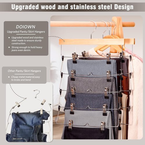 DOIOWN Skirt Hangers - Space-Saving Beechwood Design | 3-Pack Non-Slip Clips for Closet Organization