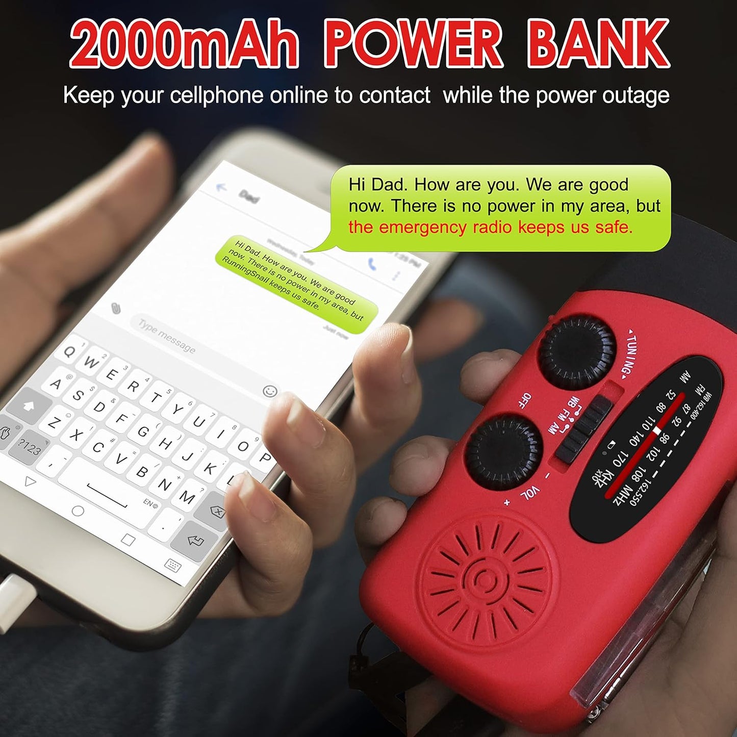 RunningSnail 2000mAh Emergency Hand Crank Radio With LED Flashlight For Emergency, AM/FM NOAA Portable Weather Radio