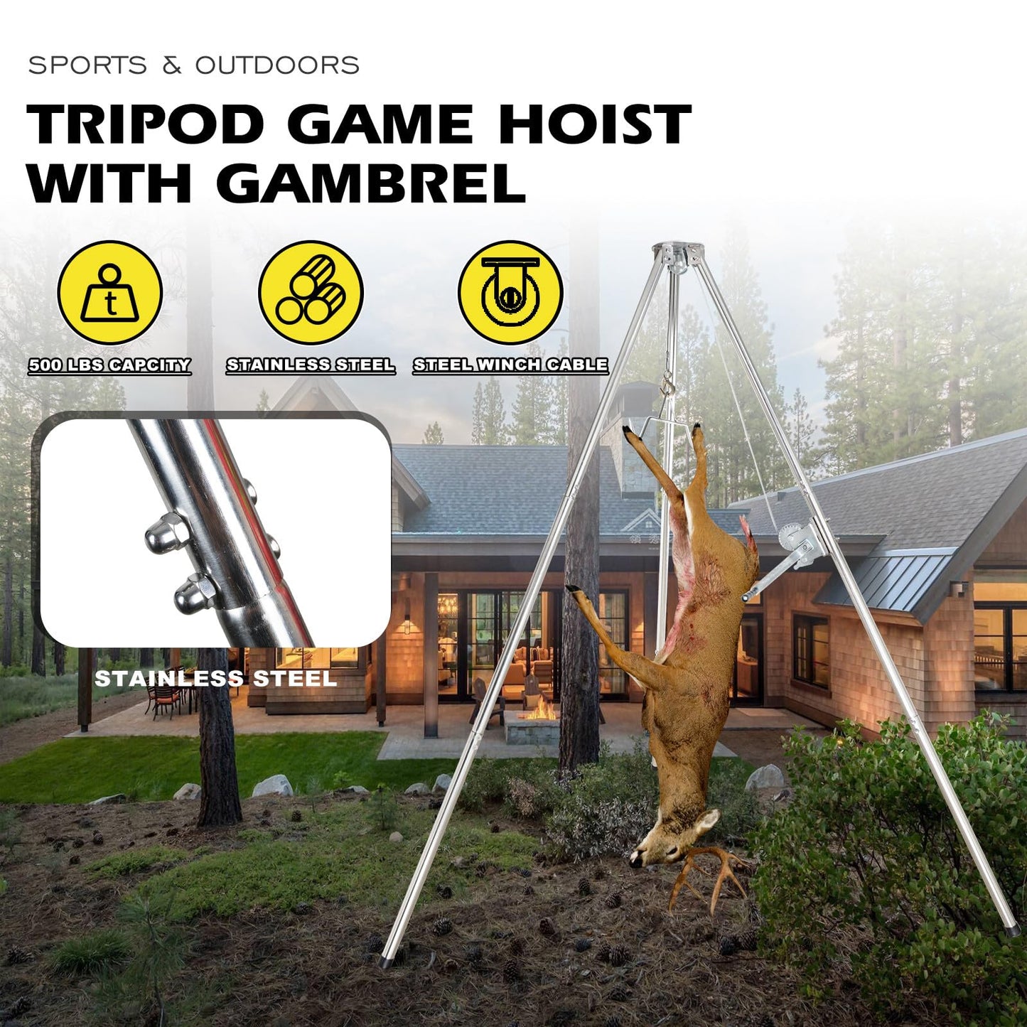 Smarkey Deer Game Hoist Tripod Deer Hanger Stainless Steel Rack Stand for Hunting Processing Cleaning Hide Skinning with 500lb Capacity Gambrel and Manual Winch - Heavy Duty