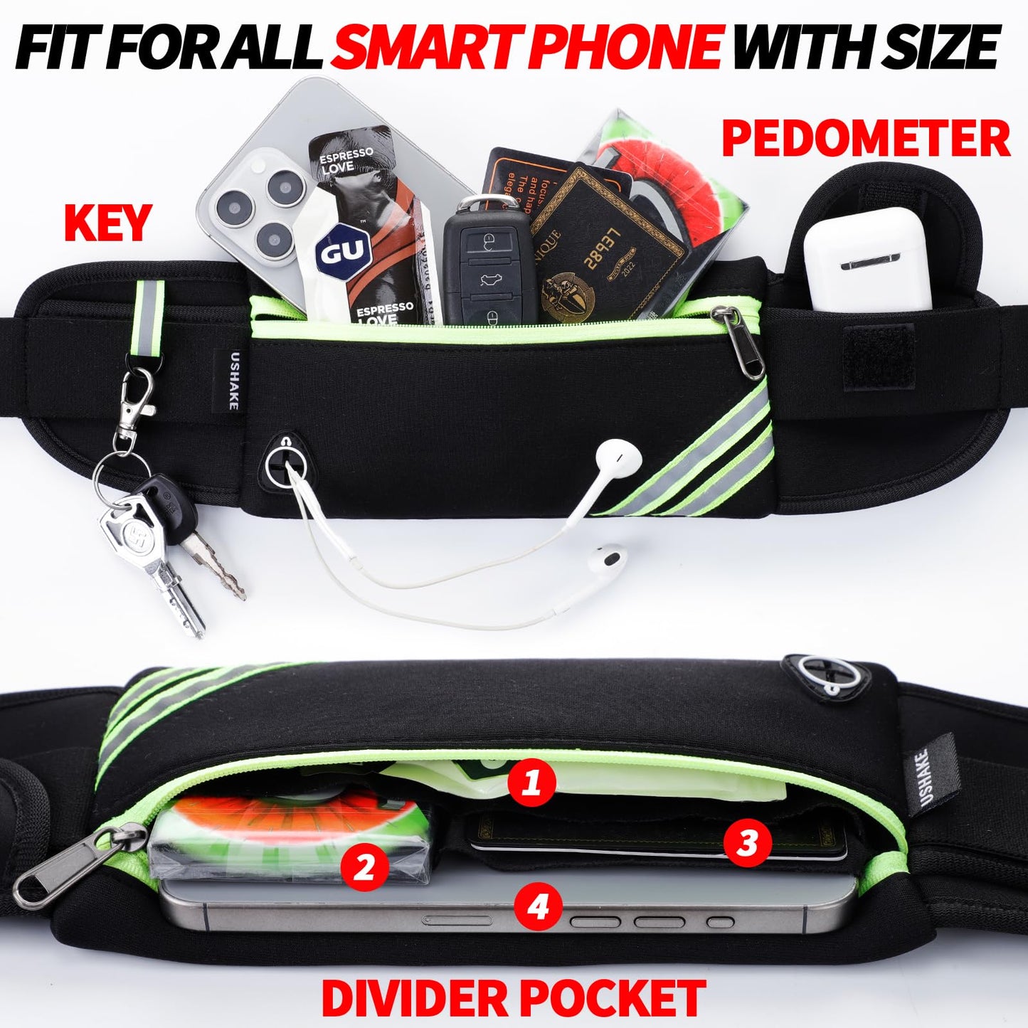 USHAKE Running Belt with Bounce-Free Pouch for iPhone and Samsung Galaxy - Ideal for Running, Walking, Cycling, and Gym Workouts Black