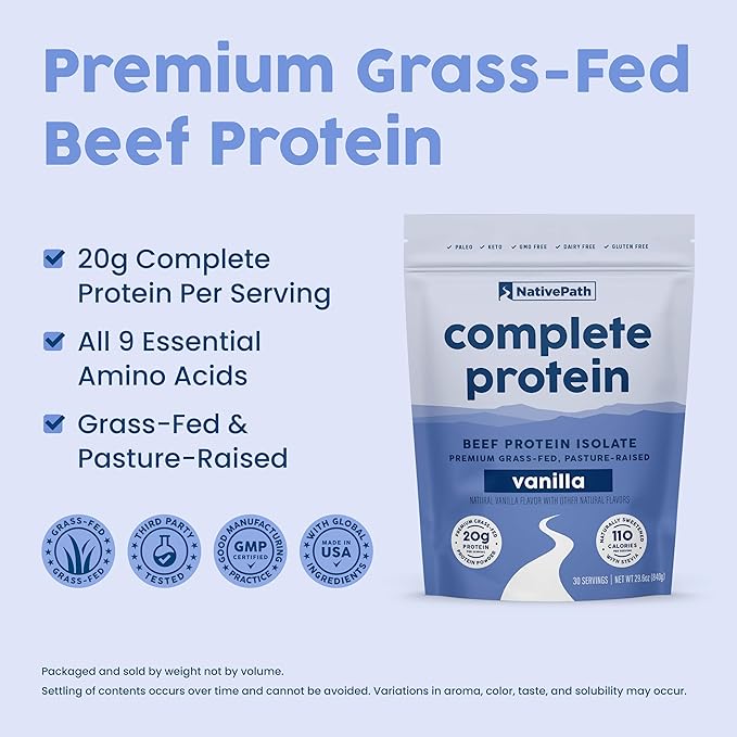 NativePath Complete Beef Protein Powder Isolate ??Grass-Fed, Pasture-Raised, Dairy & Lactose Free, Gluten Free, Zero Sugar, MCTs & Amino Acids ??20g Protein, Vanilla Flavor, 30 Servings