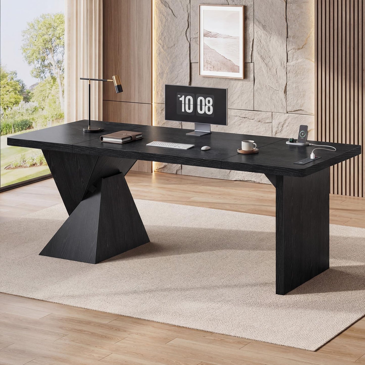 ANGRYWIN 70.9 Inch Executive Desk with Power Outlet, Large Home Office Desk, Modern Aesthetic Computer Writing Table Workstation Business Furniture (Black)