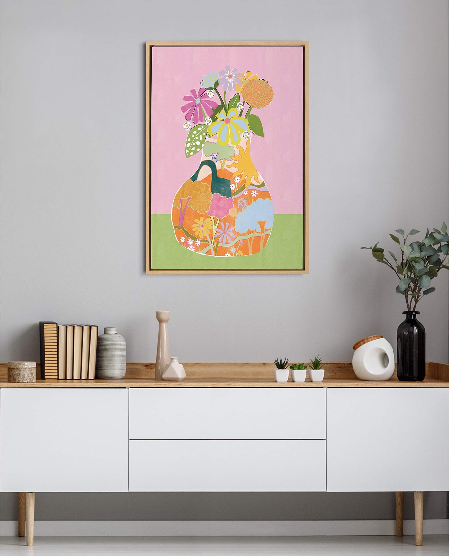 Kate and Laurel Sylvie Miracle Vase Framed Canvas Wall Art by Alja Horvat, 23x33 Natural, Floral Art for Wall
