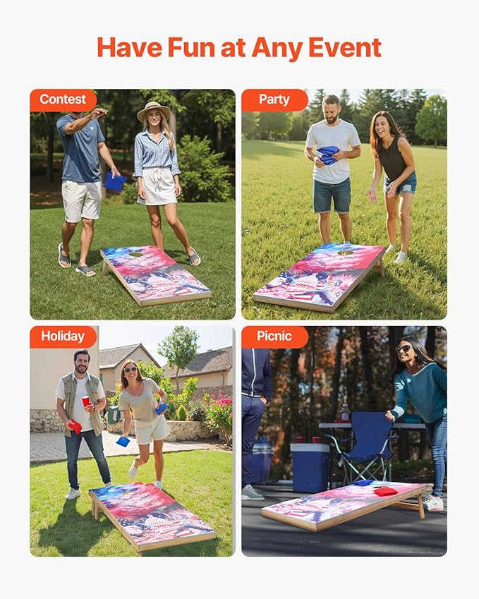 VEOVR Cornhole Set, Corn Hole Game Boards, Wood Portable Toss Board, Indoor and Outdoor Cornhole Play for Adults for Yard, Backyard, Beach, Camping