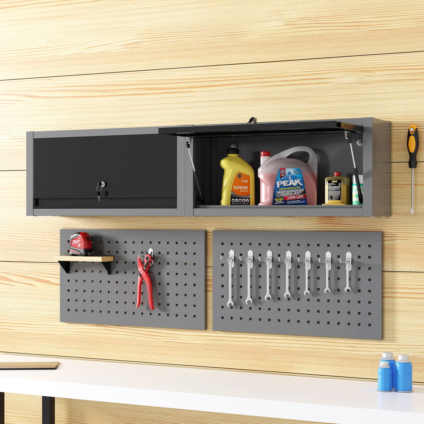 JZD Small Metal Wall Mounted Storage Garage Cabinet with Flip Up Door, Black & Grey