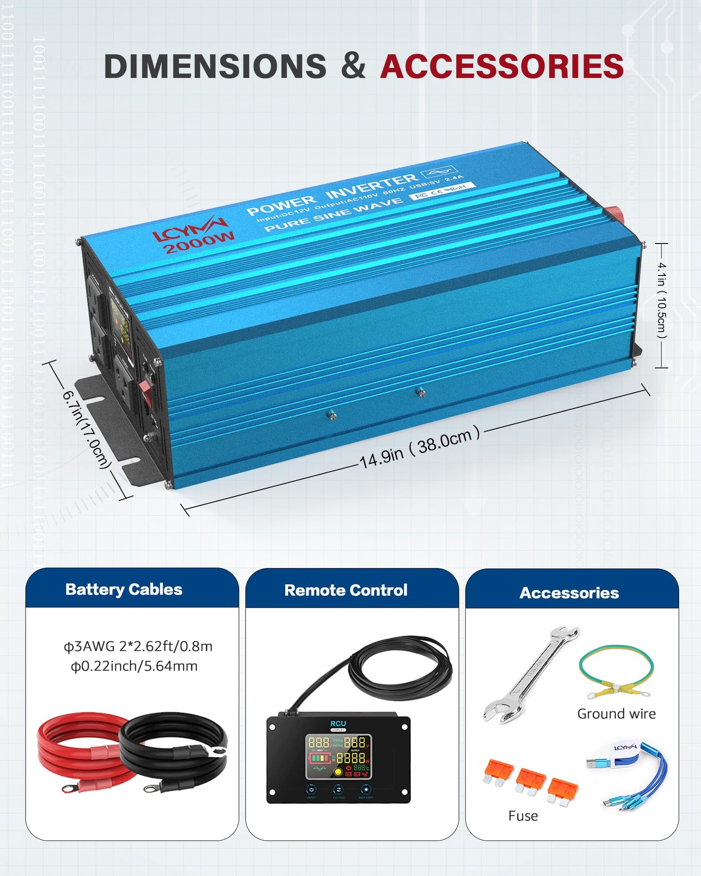 LCYMW 2000W Pure Sine Wave Inverter DC 24V to 110V/120V AC 4000 Watt Peak Power Inverters with 3 AC Outlets USB Charging Port LCD Display and Remote Control Car Solar Converter for Vehicle Home Truck