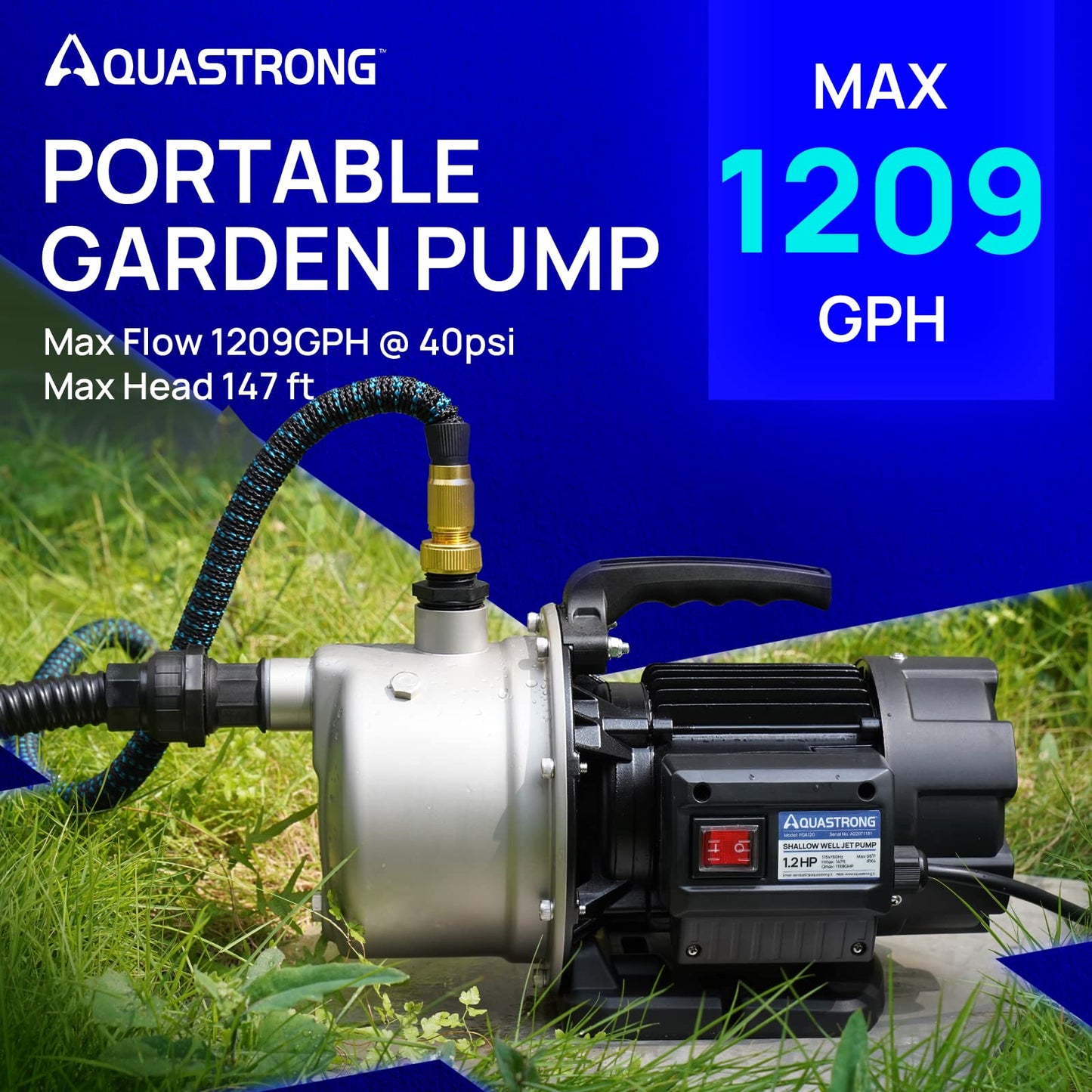 Aquastrong 115V Shallow Well Garden Pump, Stainless Steel, 1210 GPH, Water Transfer Draining Irrigation Sprinkler Pump, for Lawn,Garden,1.2 HP Portable