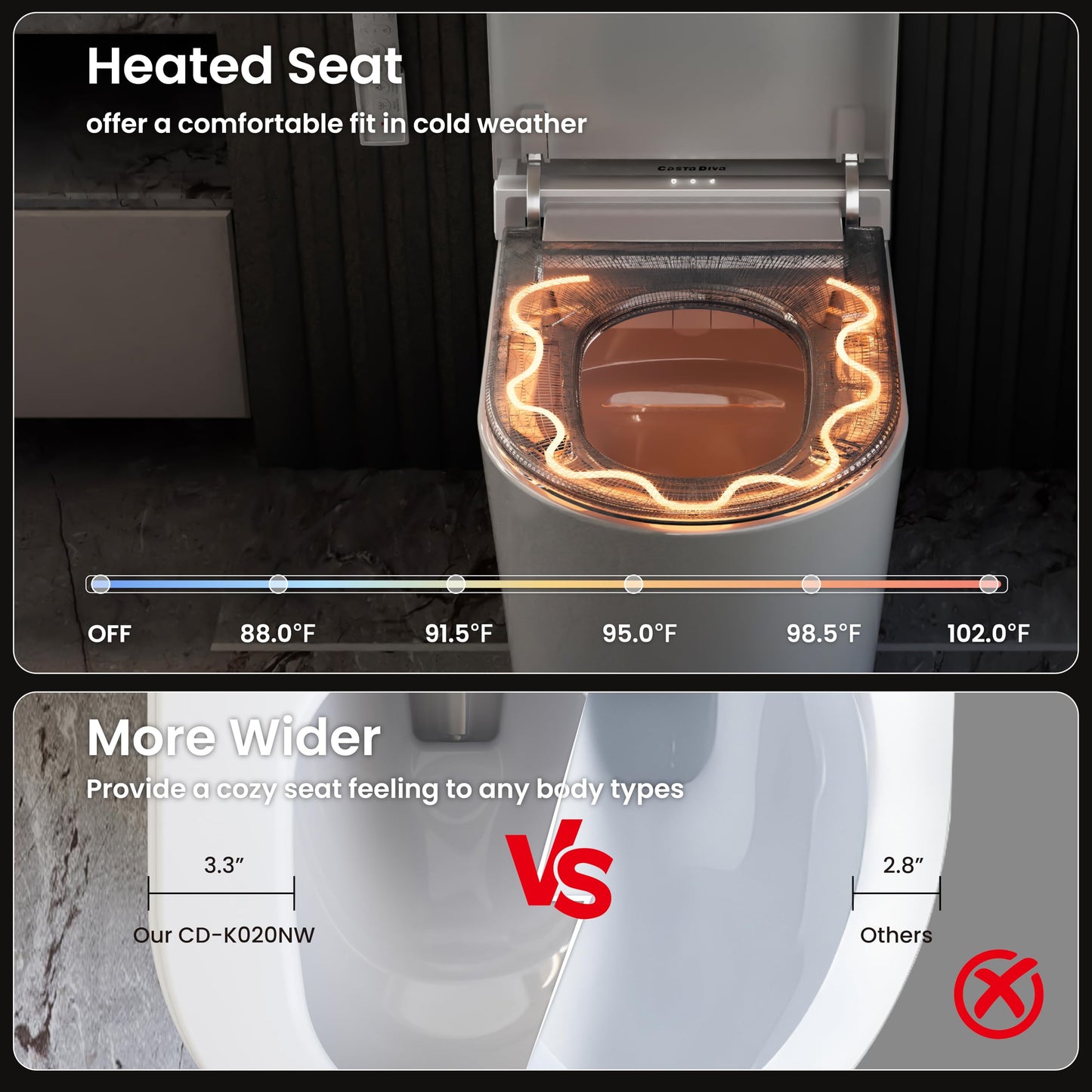 Casta Diva Smart Toilet with Bidet Built in, Bidet Toilet with Wider Heated Seat, Warm Water & Dryer, Foot Sensor Auto Flushing, Night Light, Remote Control 1.28GPF(CD-K020)