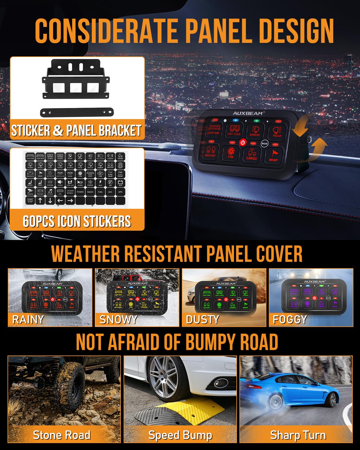 Auxbeam 8 Gang Switch Panel RA80 Toggle Momentary Pulsed RGB Dimmable Multifunction Switch Panel Easy Installation Marine Switch Pod IP65 Waterproof for Car Boat RV, 3 Years Warranty