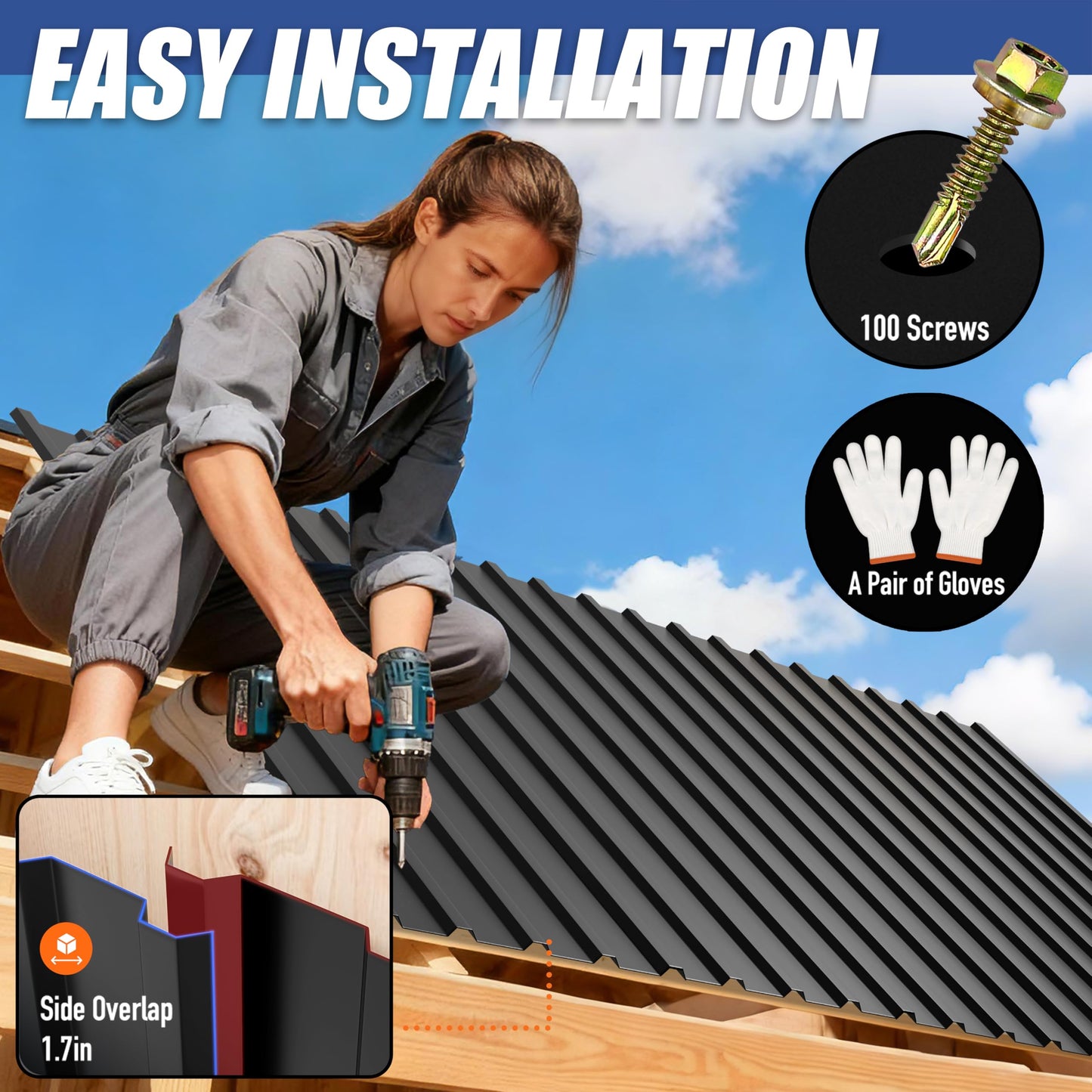 Brakki Metal Roofing Panels 20pcs 150 ft², L61.02"xW17.72" Black Corrugated Galvanized Steel Roof Panels with Screw, Heavy Duty Metal Siding Suitable for Garages Chicken Coop Sheds Stables Patio