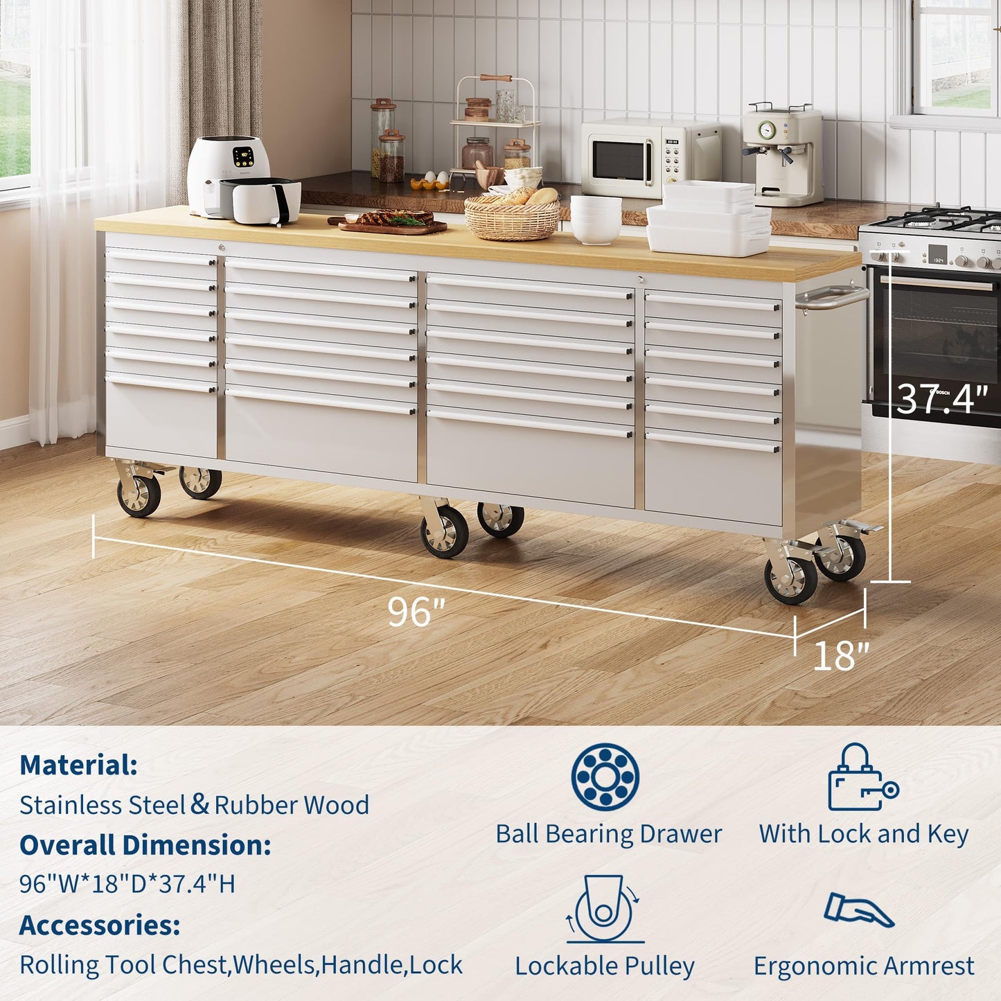 Heavy Duty 61" Tool Chest Cabinet, Mobile Garage Workbench with 24Drawers and Power Strip, Rubber Wood Worktop, 1675 LBS Load, Rolling Tool Storage Organizer for Mechanic, Shop or Home Use