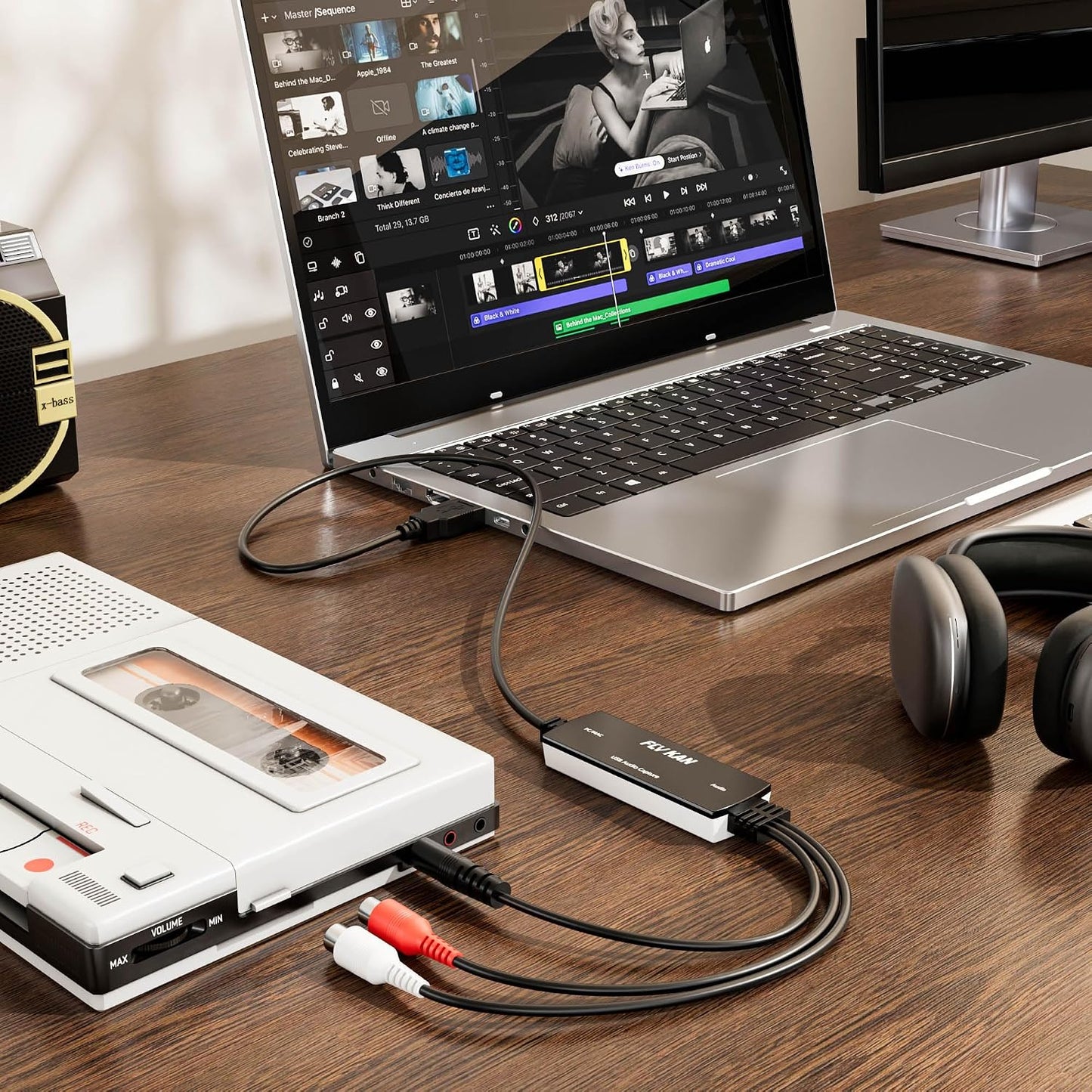 Fly Kan 2.0 RCA/3.5mm Vinyl/Cassette MP3 USB Audio Grabber with USB-C Adapter Analog to Digital Converter, Dual Inputs