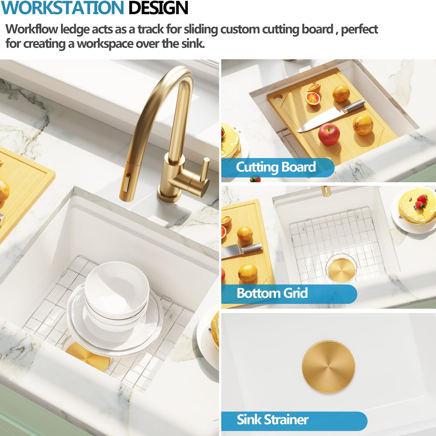 MILOSEN White Undermount Bar Sink, 16×16 Inch Small White Granite Composite Wet Bar or Prep Sinks with Cutting Board, 9 Inch Deep Outdoor Single Bowl Small Workstation Sink with Gold Accessories