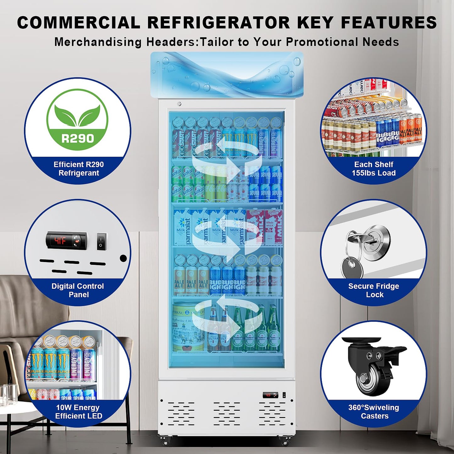 ECEVT 26.8'' W Commercial Beverage Refrigerator, 15 Cu.ft Upright Display Merchandiser Cooler Fridge with LED Light, Adjustable Shelves & Lockable Door for Restaurant Grocery Stores Home, White