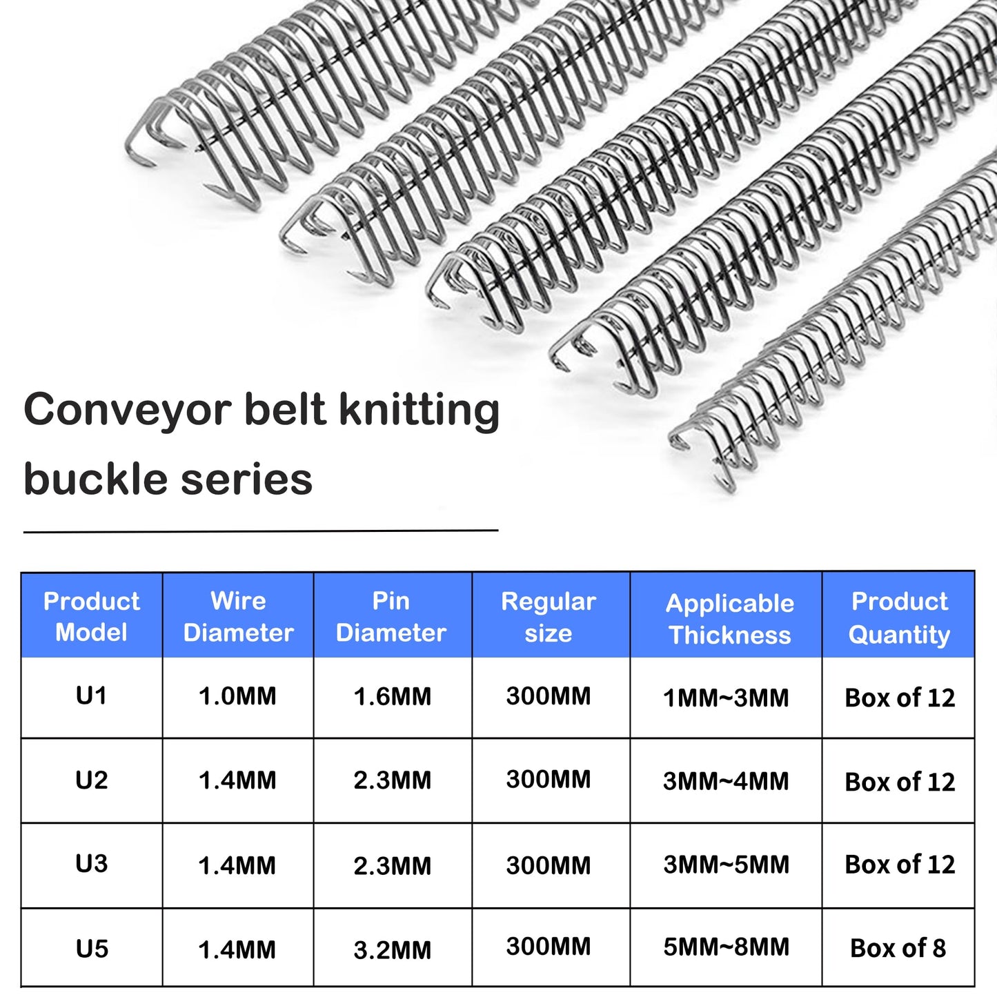 KONLEYA U2 Conveyor Belt Splicer 12'' Industrial Belt Fasteners 316 Steel Buckle Belt Lacing Pins for Conveyor Belt 300mm 12PCS