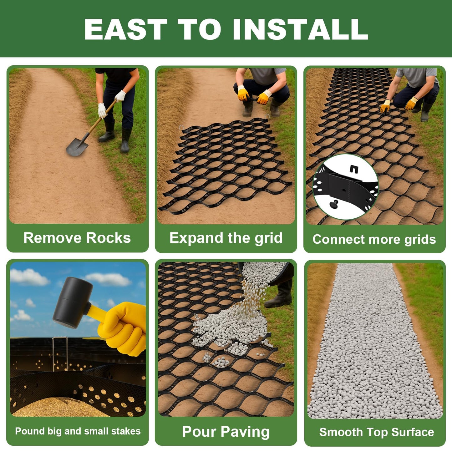 Gravel Grid 3'' Depth with Metal Stakes, 6.6x16.4 FT Geogrid for Gravel Driveway 2200 lbs per Sq FT Erosion Control Ground Grid Gravel Stabilizer Grid for Driveway, Parking Lot, Slope, Walkway, Patio