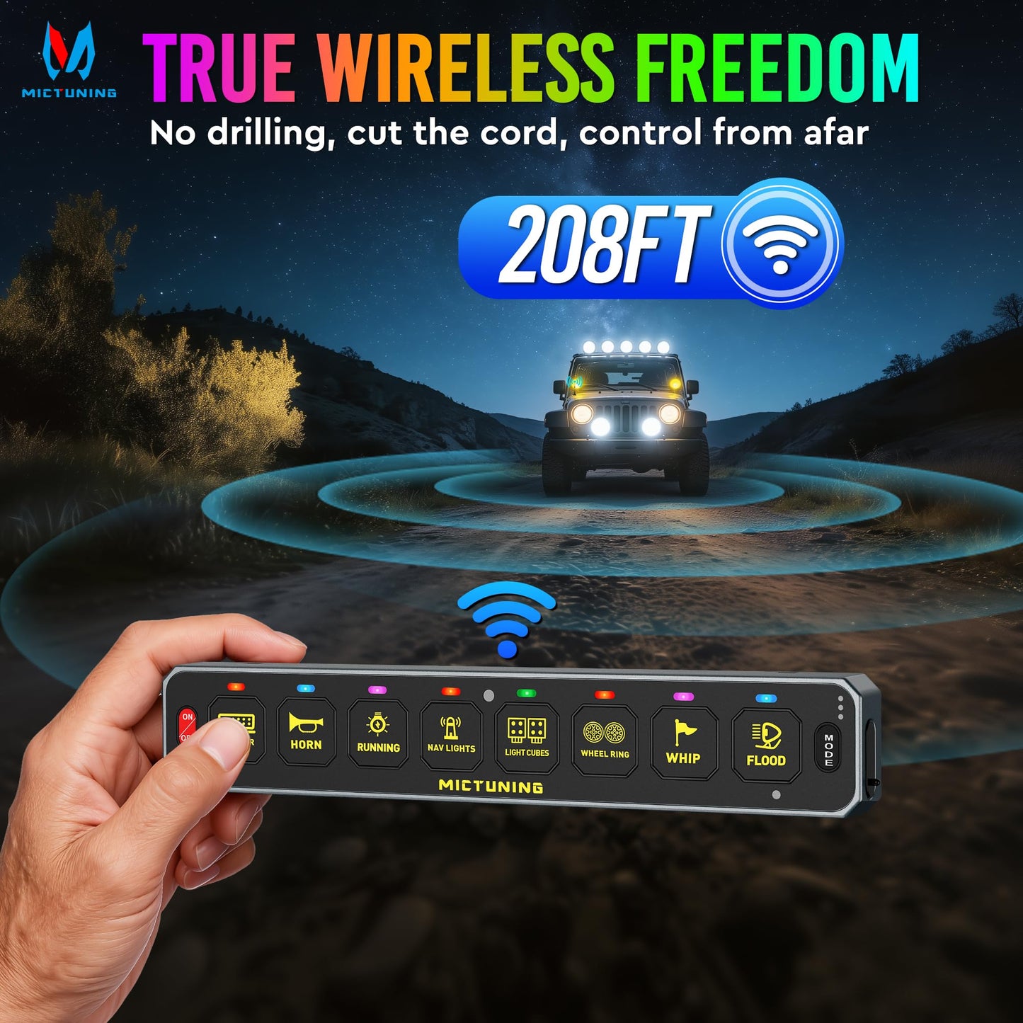 MICTUNING MS-W 8 Gang Wireless Switch Panel Slim Design,208FT Range RGB Auto-dimming Backlit, Rechargeable Multifunction Toggle Momentary Flash Strobe Circuit Control Relay Box for Off Road Truck