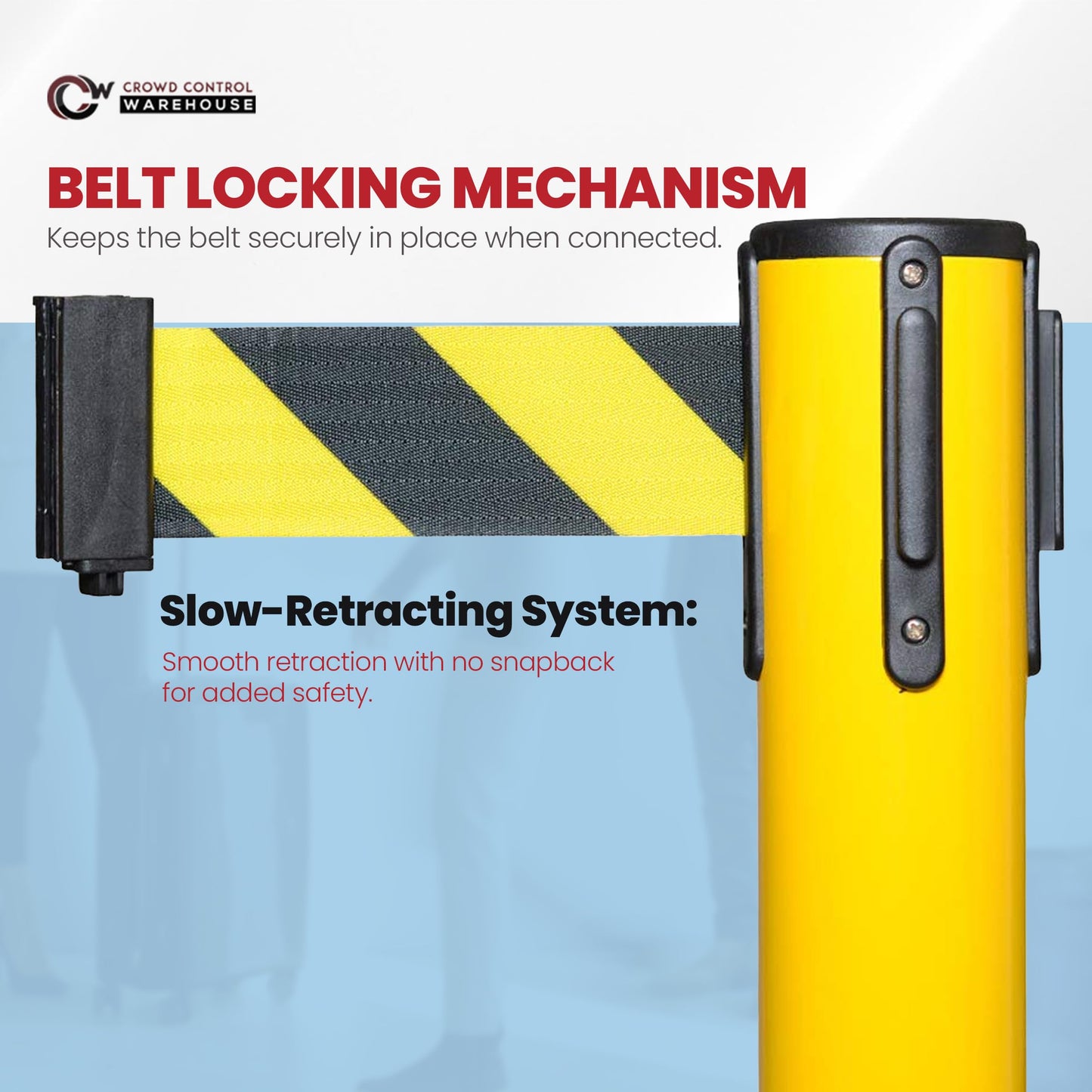 Crowd Control Warehouse Set of 2 Stanchion Retractable Belt Barriers, 11 Foot Black & Yellow Belt Barrier with 40” Yellow Posts, Premium Barriers with Heavy Duty Concrete Base, CCW Series RBB-100