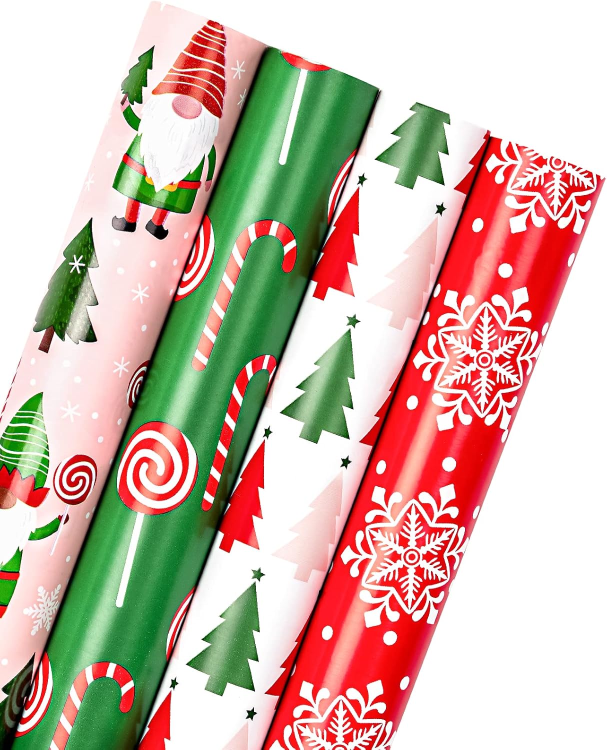 WRAPAHOLIC Christmas Wrapping Paper Roll - Jumbo 30 Inch Gnome Elf Holiday Collection | 4 Rolls, Red, Green, Pink