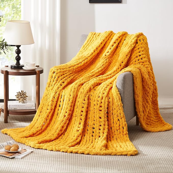 L'AGRATY Chunky Knit Blanket Throw: 80''x90'' Chenille Chunky Knitted Throw Blankets for Bed Couch - Handmade Thick Big Cable Knit Blanket - Large Crochet Rope Blankets for Home Decor(Yellow)