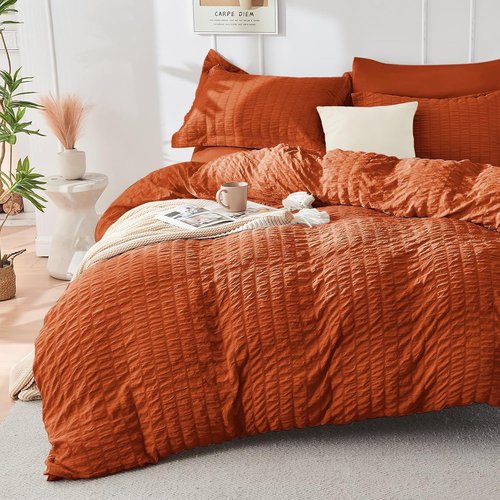 HYMOKEGE King Size Comforter Set - Burnt Orange Seersucker 7-Piece Luxury Bedding Set