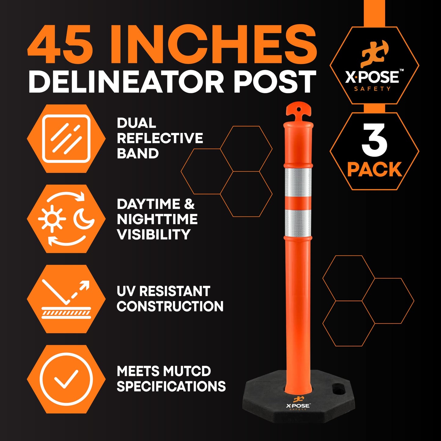Xpose Safety 45" Orange Delineator Posts with Base, 3-Pack – T Top, 10" Reflective Band, 13 lb Rubber Base – Traffic, Parking, Construction, Events