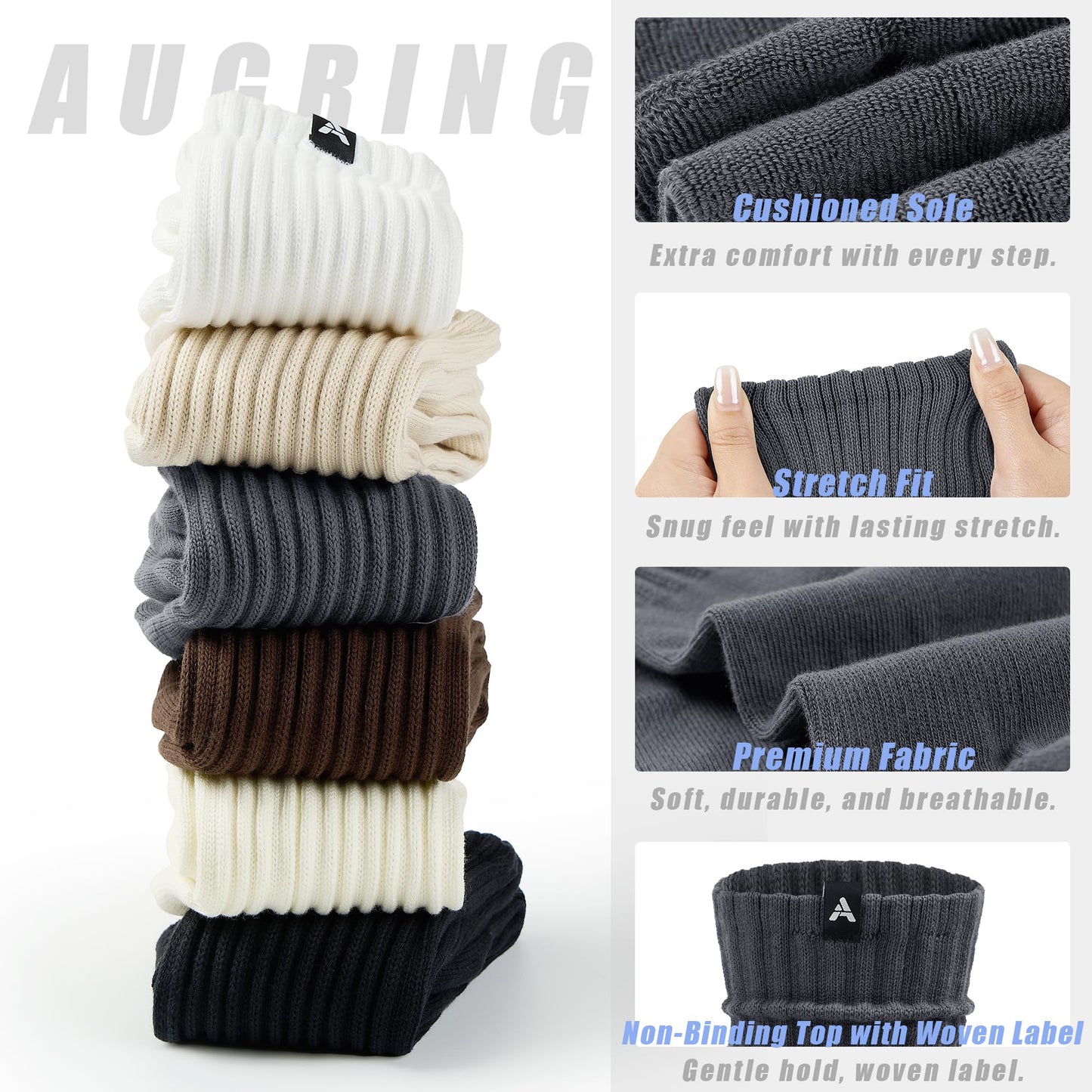 AugRing Scrunch Slouch Crew Socks Retro Ribbed Cotton Cushioned 3 Pack Boot Sneaker Gym Cozy Calf Socks For Men & Women (US, Numeric, 5, 10, Regular, Regular, 3 Pack White)