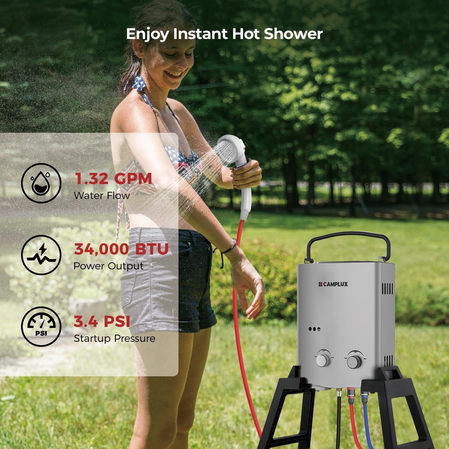 CAMPLUX 1.32 GPM Portable Outdoor Tankless Water Heater Propane Instant Hot Camping Shower Pump w/Freestanding Stand and Carry Bag, AY132GMax, Gray