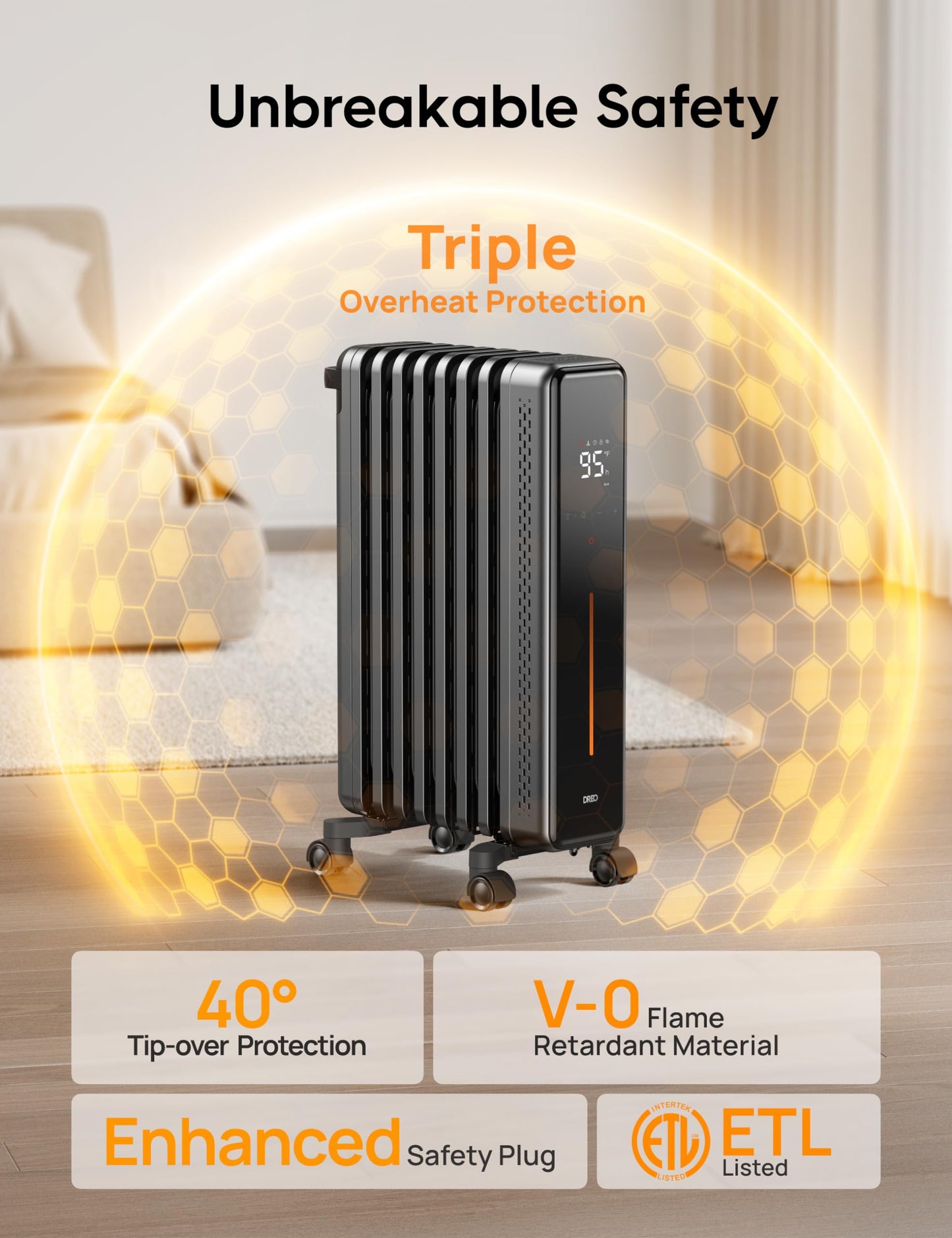 DREO Radiator Heater, 8 Safety Protection Oil Filled Radiator Heater for Indoor Use, 1500W Electric Heaters for Large Room, 8 Fins, with Remote, 4 Modes, Digital Thermostat, 24H Timer, Quiet