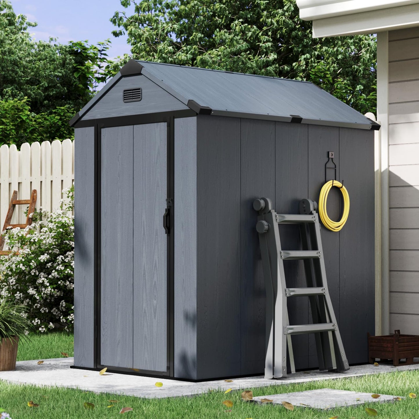 Aoxun 4x6 FT Resin Shed with Reinforced Floor, Outdoor Storage Shed, All-Weather Plastic Tool Storage with Lockable Door, Window & Vents for Garden, Patio, Bike & Garbage Can, Dark Gray