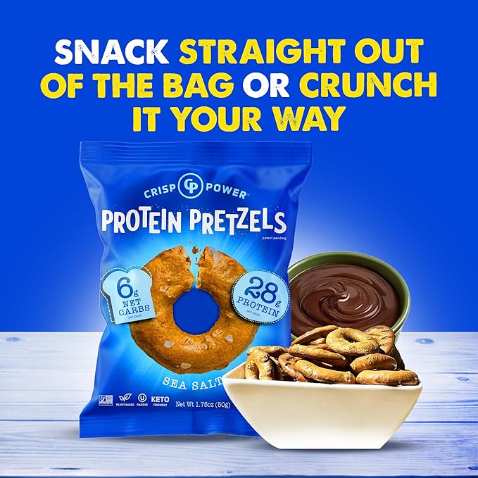 Crisp Power Protein Pretzels, Sea Salt, High Protein Vegan Keto Snack, 28 G Plant Based Protein, Low Carb Crunchy Pretzel Snacks, Sugar Free, No Seed Oils, 1.75 oz Bags, 6 Pack