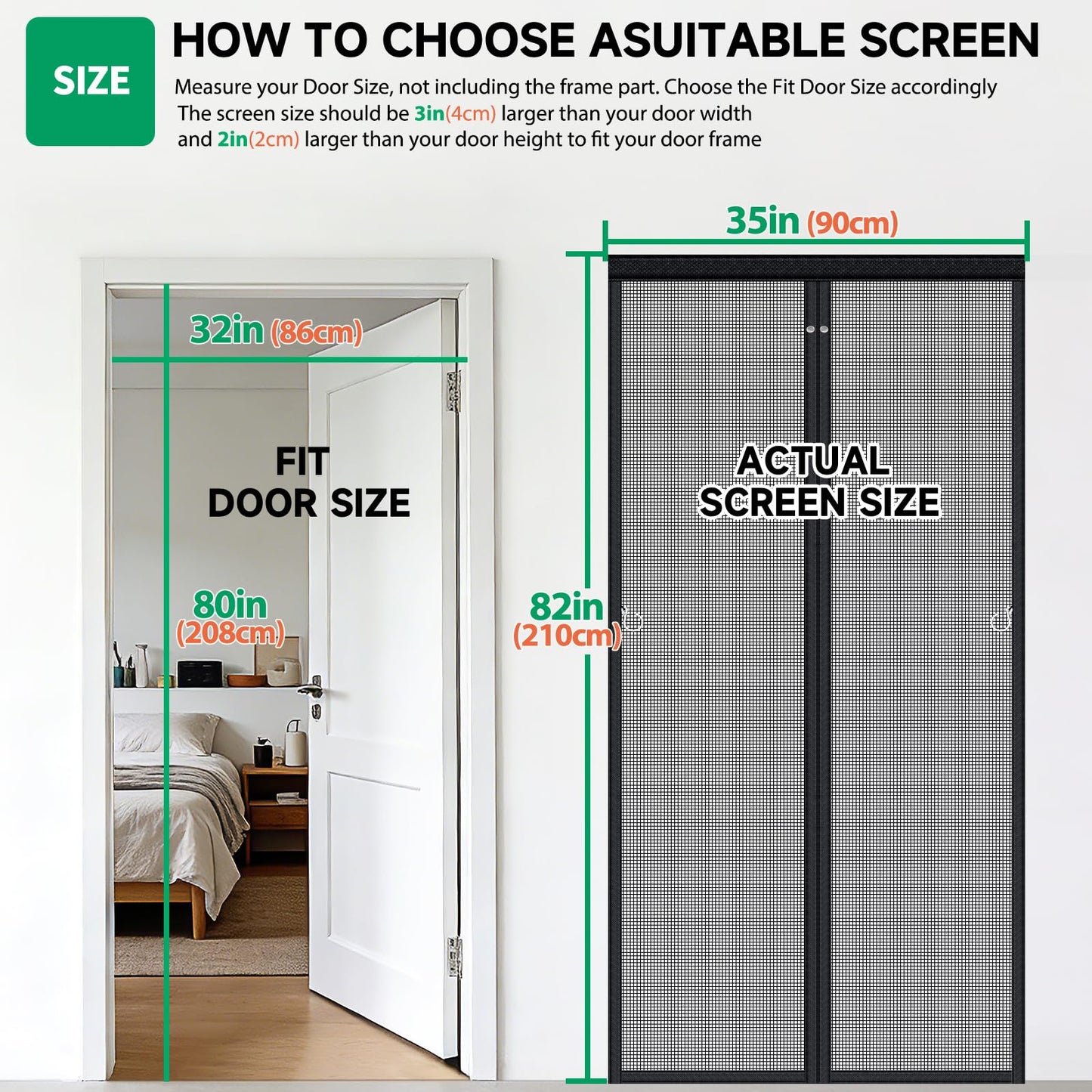 HOFUDON Upgraded Magnetic Screen Door Mesh, Full Strip Magnets, Heavy Duty Fiberglass Mesh, Door Screen Magnetic Closure for Single Door Size 32 x 80 Inch, Screen Door Size 35 x 82 Inch Black