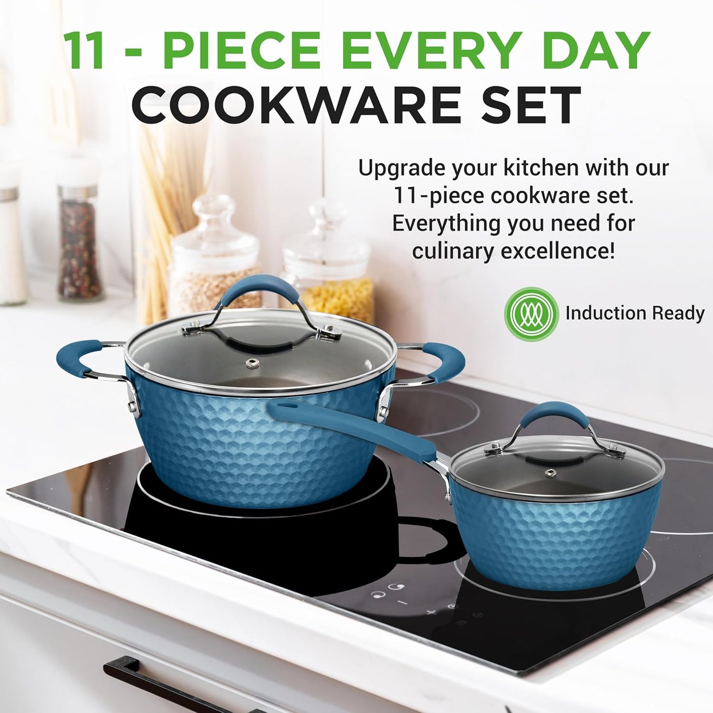 NutriChef 11-Piece Non-Stick Cookware Set | Ceramic Coating, Ergonomic Handles, Induction Ready - Royal Blue