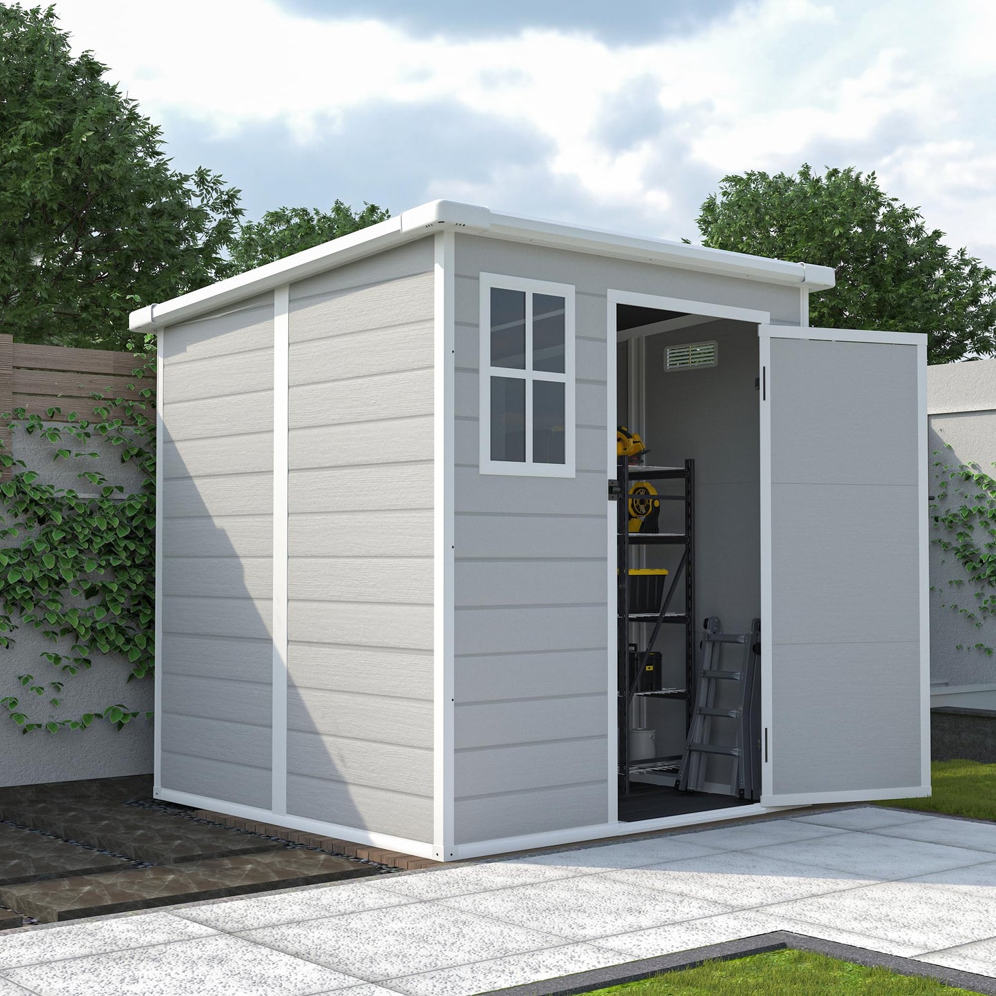 Outdoor Storage Shed 6x6 FT, Resin Lean to Shed with Floor, Window, Lockable Door, Waterproof Outside Sheds Patio Furniture Tool Shed for Bike, Garbage Can, Lawn Mower (Grey, 6 * 6ft)