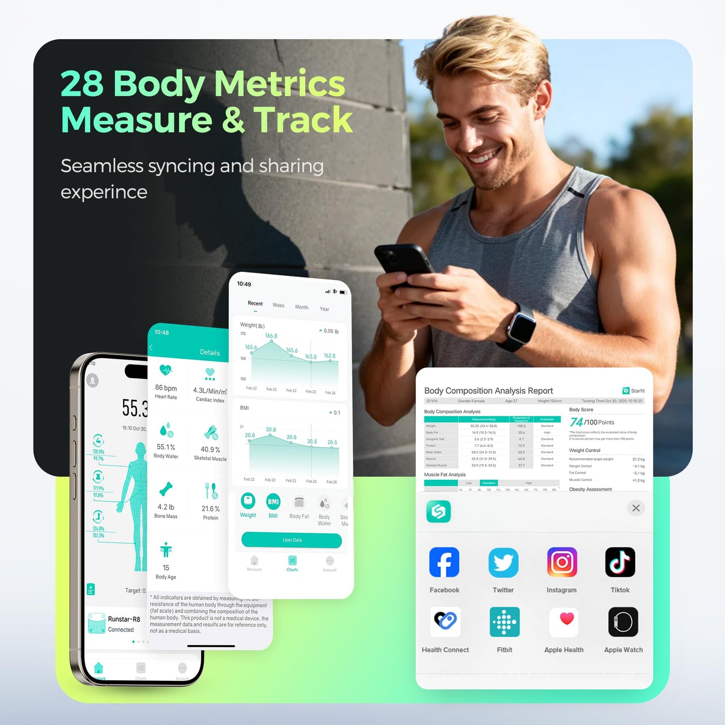 RunStar Smart Scale for Body Weight, 8 Electrodes High Precision Digital Bathroom Scale with Set Functions Handle, Body Composition Scale for 28 Metrics 400lbs, Blue-Black