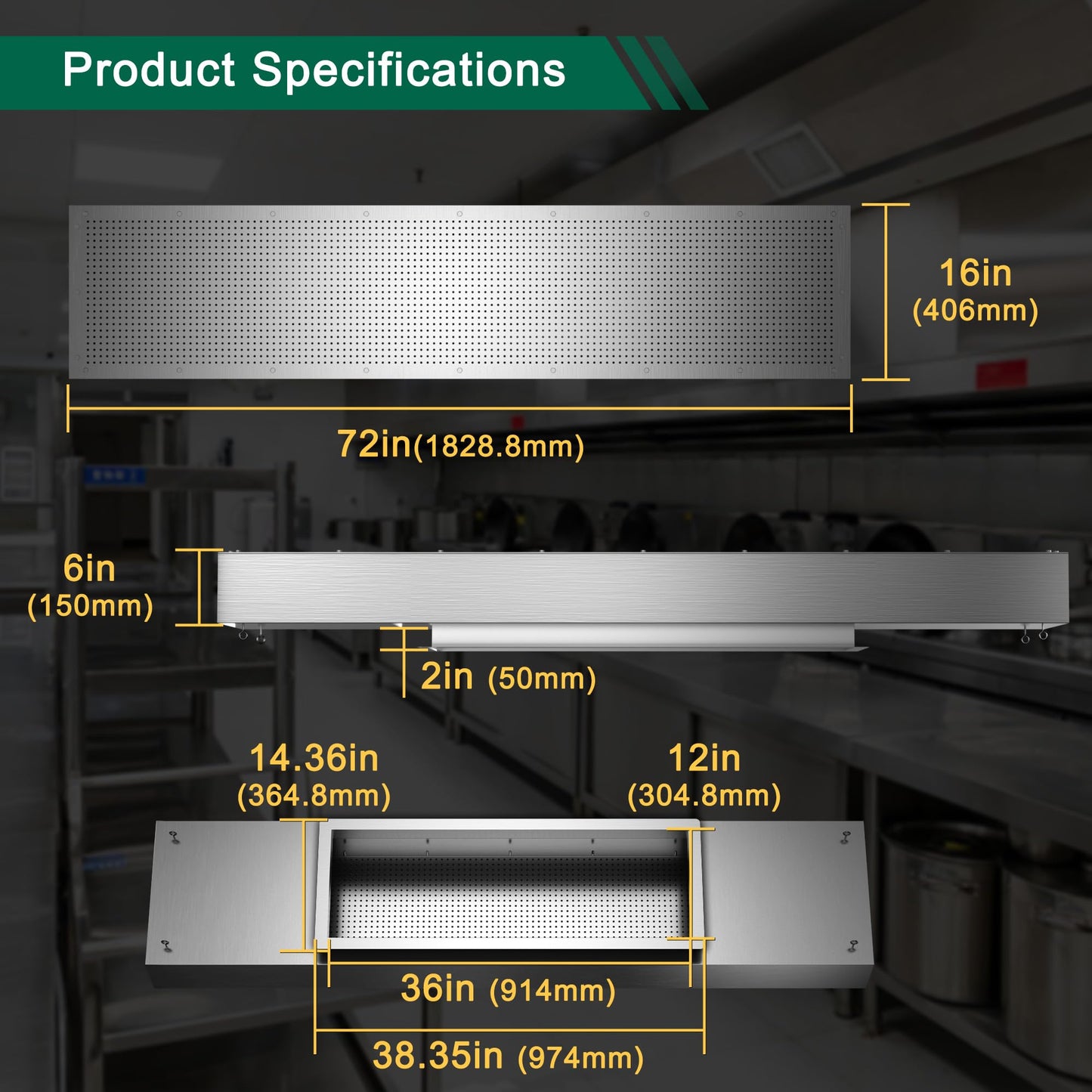 6ft Perforated Supply Plenum for Commercial Exhaust Hood–Makeup Air Hood Stainless Steel Air Supply Plenum with Microplate, Lifting Lugs & Single Exhaust Port