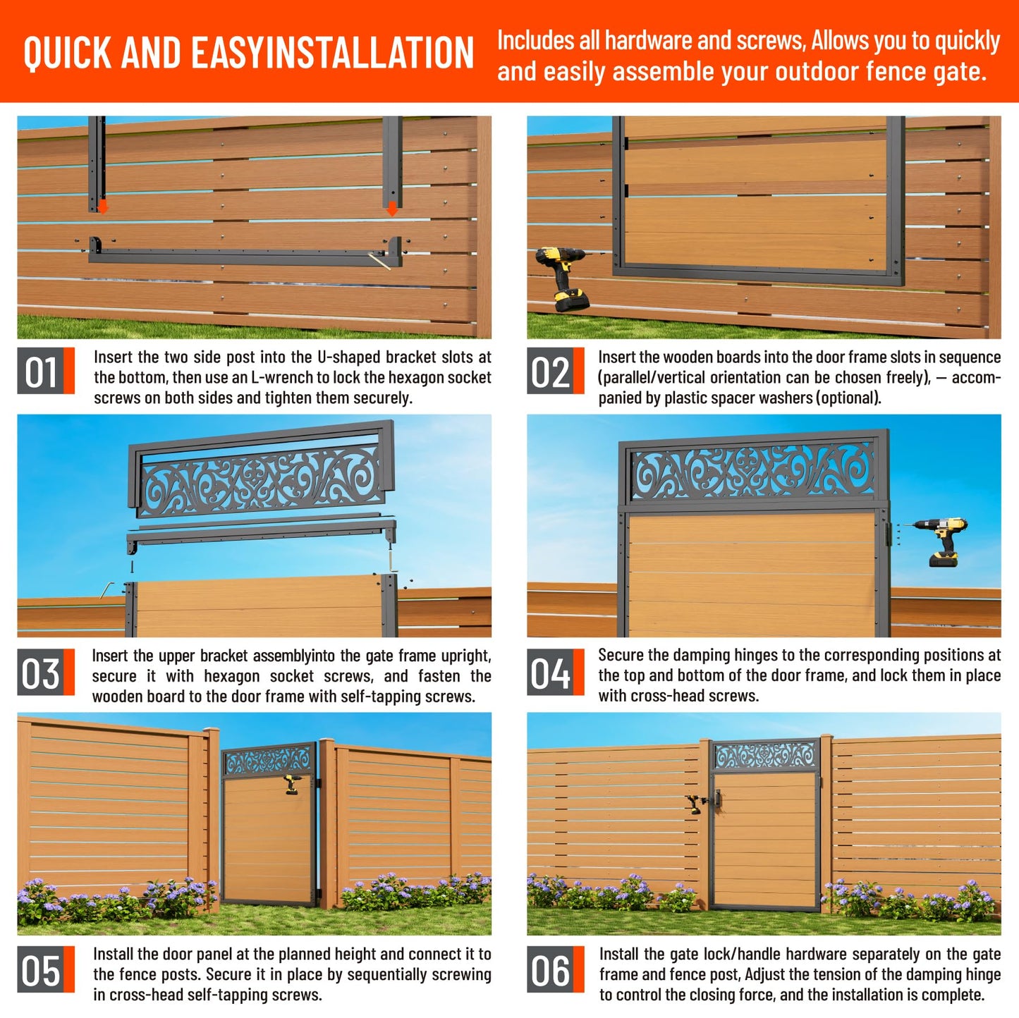 Uphode 4x6 FT(46.8" x 70.8") 201 Stainless Steel Fence Gate Kit Heavy Duty, Anti Sag Metal Fence Gate Frame Kit with Board, Morden Garden Gate Hardware Kit Outdoor (Left/Right Free-Installation)