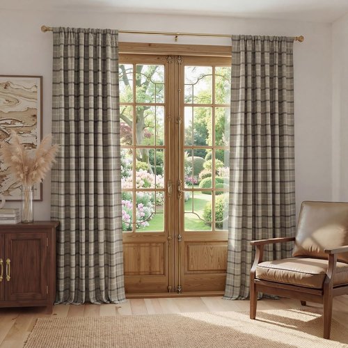 NICETOWN Buffalo Check Curtains - 84-Inch Length Gingham Plaid Drapes for Kitchen & Living Room | Taupe, 2 Panels