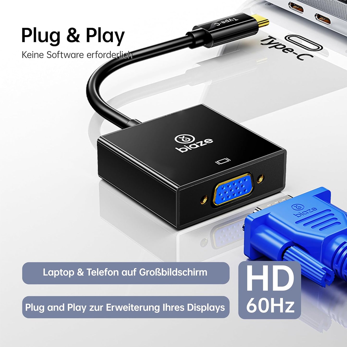 biaze 1080p@60Hz USB C to VGA Adapter, PlugandPlay Type C to VGA Converter for Phone, Laptops & PC Video Output