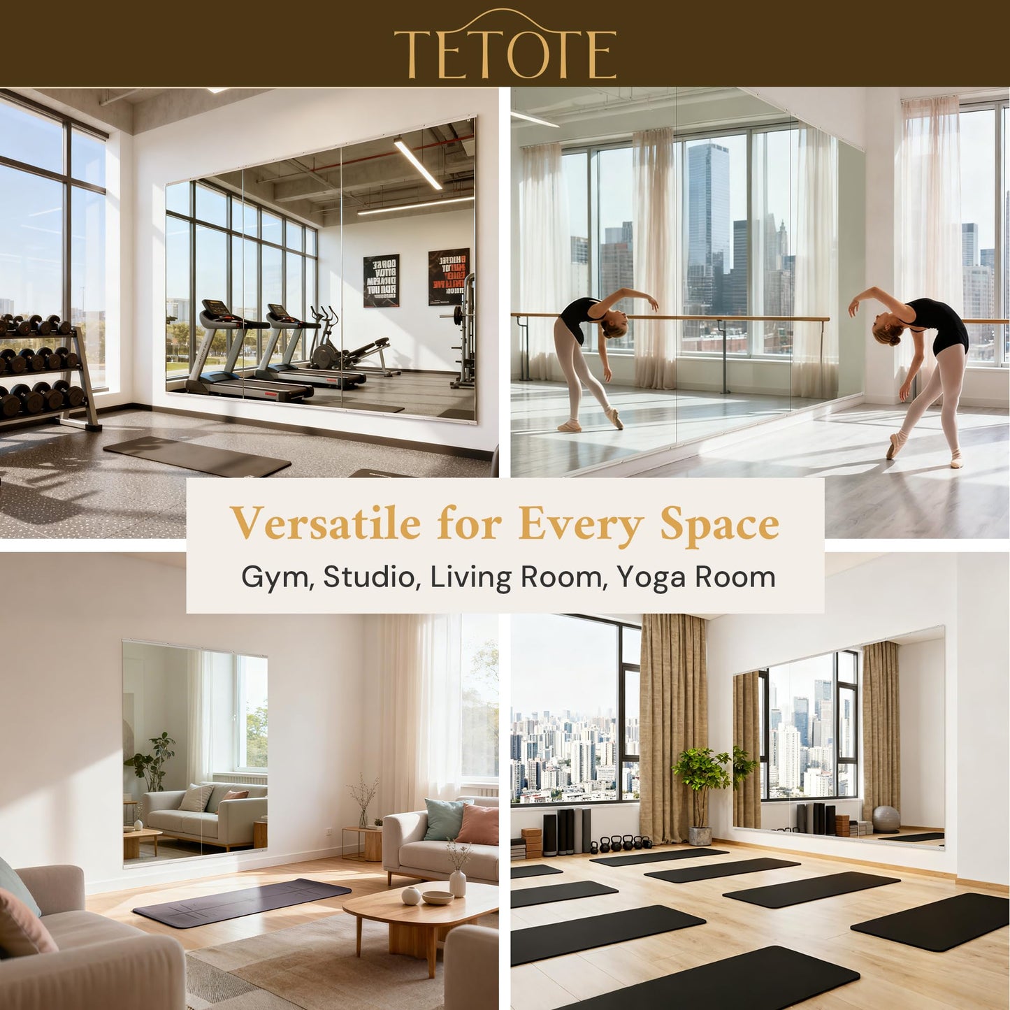TETOTE Gym Mirrors for Home Gym Wall Large 65" x 22" - 2PCS Workout Exercise Fitness Mirror, Tempered Glass Frameless Full Length Mirror for Garage, Dance Studio, Yoga, Bedroom, Living Room